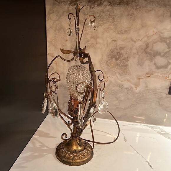 Vintage Hollywood Regency 18” Table Lamp Glass Prism Tole Metal - Gold Gilt - Picture 2 of 15